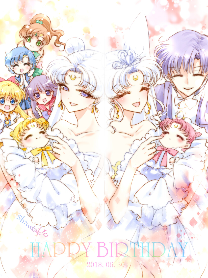 1boy 6+girls :d aged_down aino_minako baby bare_arms bare_shoulders bishoujo_senshi_sailor_moon blonde_hair blue_bow blue_eyes blue_hair blue_sailor_collar blue_skirt blush bow bowtie brooch brown_hair chiba_mamoru chibi_usa circlet closed_eyes collarbone cone_hair_bun crescent crescent_facial_mark dated dot_nose dress elbow_gloves facial_mark facing_another father_and_daughter forehead_mark gloves green_eyes green_sailor_collar hair_bobbles hair_bow hair_bun hair_ornament happy_birthday hino_rei holding_baby inner_senshi jewelry king_endymion kino_makoto long_hair looking_at_another magical_girl mizuno_ami mother_and_daughter multicolored_background multiple_girls neo_queen_serenity open_mouth orange_sailor_collar own_hands_together pink_bow ponytail princess_serenity purple_bow purple_hair queen_serenity red_bow red_sailor_collar sailor_collar sailor_jupiter sailor_mars sailor_mercury sailor_senshi sailor_senshi_uniform sailor_venus shirataki_kaiseki short_hair signature skirt small_lady_serenity smile symmetry tsukino_usagi violet_eyes white_bow white_bowtie white_dress white_gloves white_hair yellow_bow