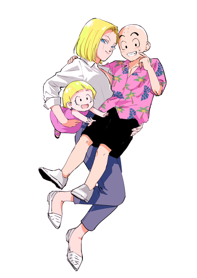 1boy 2girls :d android_18 bald black_shorts blonde_hair blue_eyes blue_pants blush carrying child closed_mouth collared_shirt commentary_request denim dragon_ball dragon_ball_super dress earrings eyelashes family father_and_daughter floral_print grin hand_on_another's_shoulder hand_up hawaiian_shirt husband_and_wife jeans jewelry kuririn long_sleeves looking_at_viewer marron_(dragon_ball) mother_and_daughter multiple_girls open_mouth pants pink_dress pink_shirt pny_panya shirt shoes short_hair short_sleeves shorts simple_background sleeveless sleeveless_dress smile smirk sweatdrop teeth white_background white_footwear white_shirt wing_collar