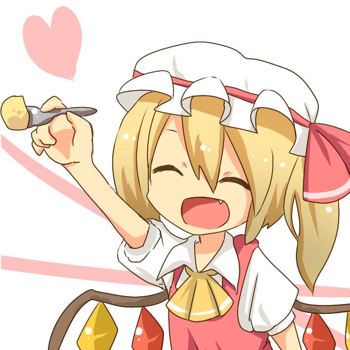1girl :d arm_up ascot blonde_hair cake closed_eyes collared_shirt commentary_request fang flandre_scarlet food fork hair_between_eyes happy hat hat_ribbon heart holding holding_fork jiima_tarou mob_cap multicolored_wings one_side_up open_mouth outstretched_arm puffy_short_sleeves puffy_sleeves red_ribbon red_vest ribbon ribbon-trimmed_headwear ribbon_trim shirt short_hair short_sleeves simple_background smile solo touhou upper_body vest white_background white_headwear white_shirt wings yellow_ascot