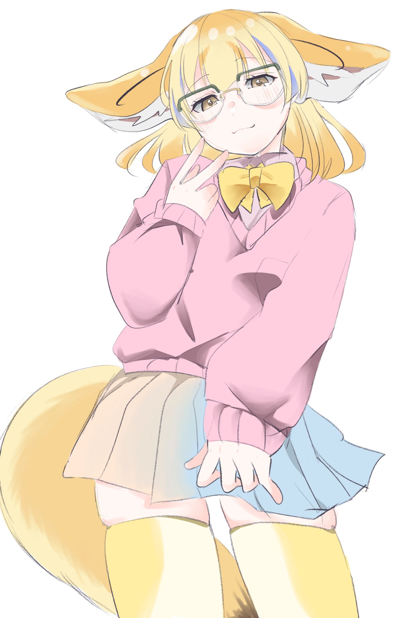 1girl :3 adapted_costume animal_ears blonde_hair blue_skirt blush bow bowtie collared_shirt cowboy_shot fennec_(kemono_friends) fox_ears fox_girl fox_tail glasses highres kamisamanosaba kemono_friends long_sleeves looking_at_viewer multicolored_hair pink_shirt pink_sweater pleated_skirt shirt short_hair skirt solo sweater tail thigh-highs v white_hair yellow_bow yellow_bowtie yellow_eyes yellow_thighhighs zettai_ryouiki