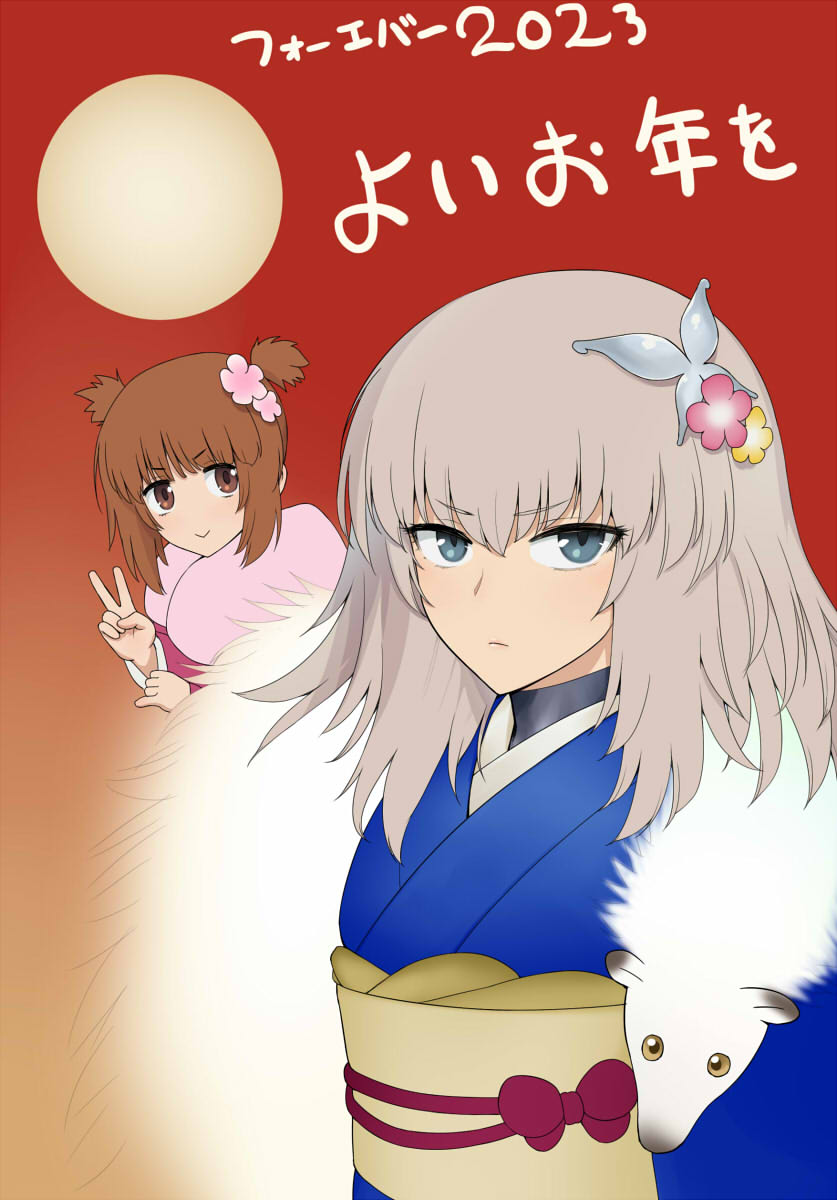 2girls alternate_hairstyle blue_eyes blue_kimono brown_eyes brown_hair closed_mouth commentary frown fur_scarf girls_und_panzer grey_hair hair_ornament hair_up highres itsumi_erika japanese_clothes kimono looking_at_viewer medium_hair multiple_girls new_year nishizumi_miho obi sash short_hair short_twintails smile translated twintails v wata_do_chinkuru