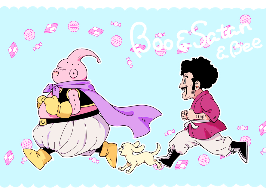 2boys :d afro bee_(dragon_ball) black_eyes black_footwear black_hair blue_background boots candy cape character_name checkerboard_cookie clenched_hands closed_eyes colored_skin commentary_request cookie dog dougi dragon_ball dragon_ball_z facial_hair fat_buu food gloves majin_buu male_focus mr._satan multiple_boys mustache open_mouth outline pants pink_skin pny_panya profile purple_cape running sideburns simple_background smile teeth upper_teeth_only white_outline white_pants yellow_footwear yellow_gloves