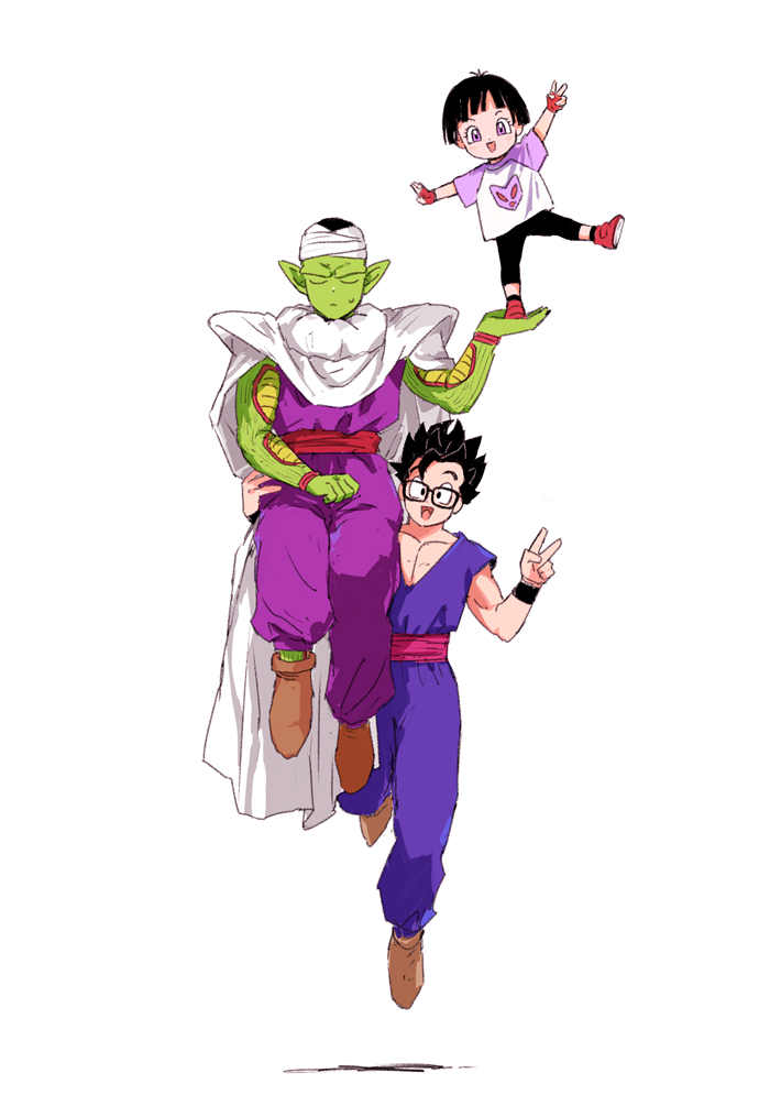 1girl 2boys :d arms_up black-framed_eyewear black_eyes black_hair black_pants black_wristband blunt_bangs blush boots brown_footwear cape carrying child closed_eyes closed_mouth commentary_request dougi dragon_ball dragon_ball_super dragon_ball_super_super_hero eyelashes father_and_daughter fingerless_gloves glasses gloves hand_up hands_up looking_at_viewer multiple_boys namekian no_eyebrows open_mouth pan_(dragon_ball) pants pectorals piccolo pny_panya pointy_ears purple_pants rectangular_eyewear red_footwear red_gloves red_sash sash shirt shoes short_hair short_sleeves shoulder_pads simple_background smile son_gohan spiky_hair standing_on_another's_hand sweatdrop t-shirt turban v v-shaped_eyebrows violet_eyes white_background white_cape wristband