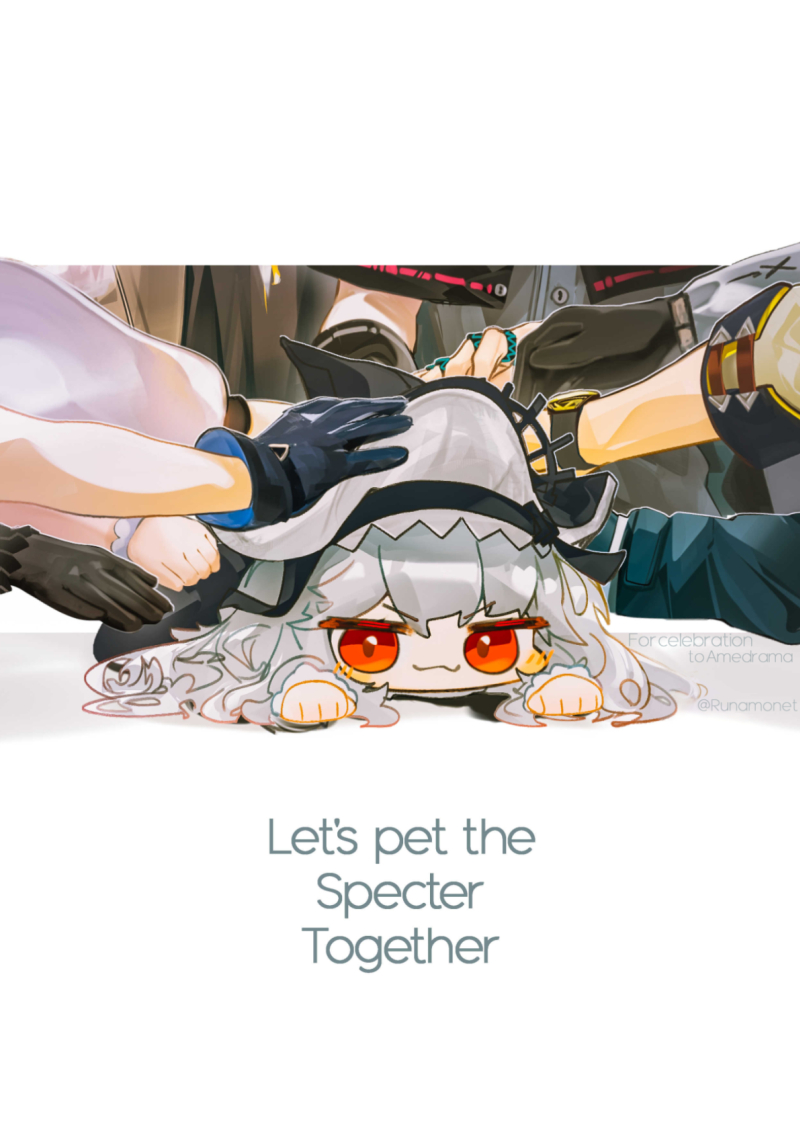 :3 amiya_(arknights) arknights black_headwear character_request chibi english_text grey_hair hat_ornament kal'tsit_(arknights) long_hair looking_at_viewer lying on_stomach out_of_frame petting red_eyes runamonet skadi_(arknights) specter_(arknights) specter_the_unchained_(arknights) thorns_(arknights) twitter_username v-shaped_eyebrows