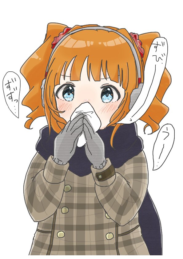 1girl 765pro522 aqua_eyes black_scarf blowing_nose blush brown_coat buttons coat commentary drill_hair earmuffs gloves grey_gloves hair_ornament hair_scrunchie idolmaster idolmaster_(classic) looking_at_viewer nose_blush orange_hair plaid plaid_coat plaid_scrunchie red_scrunchie scarf scrunchie simple_background solo speech_bubble takatsuki_yayoi tissue twin_drills twintails upper_body wavy_hair white_background