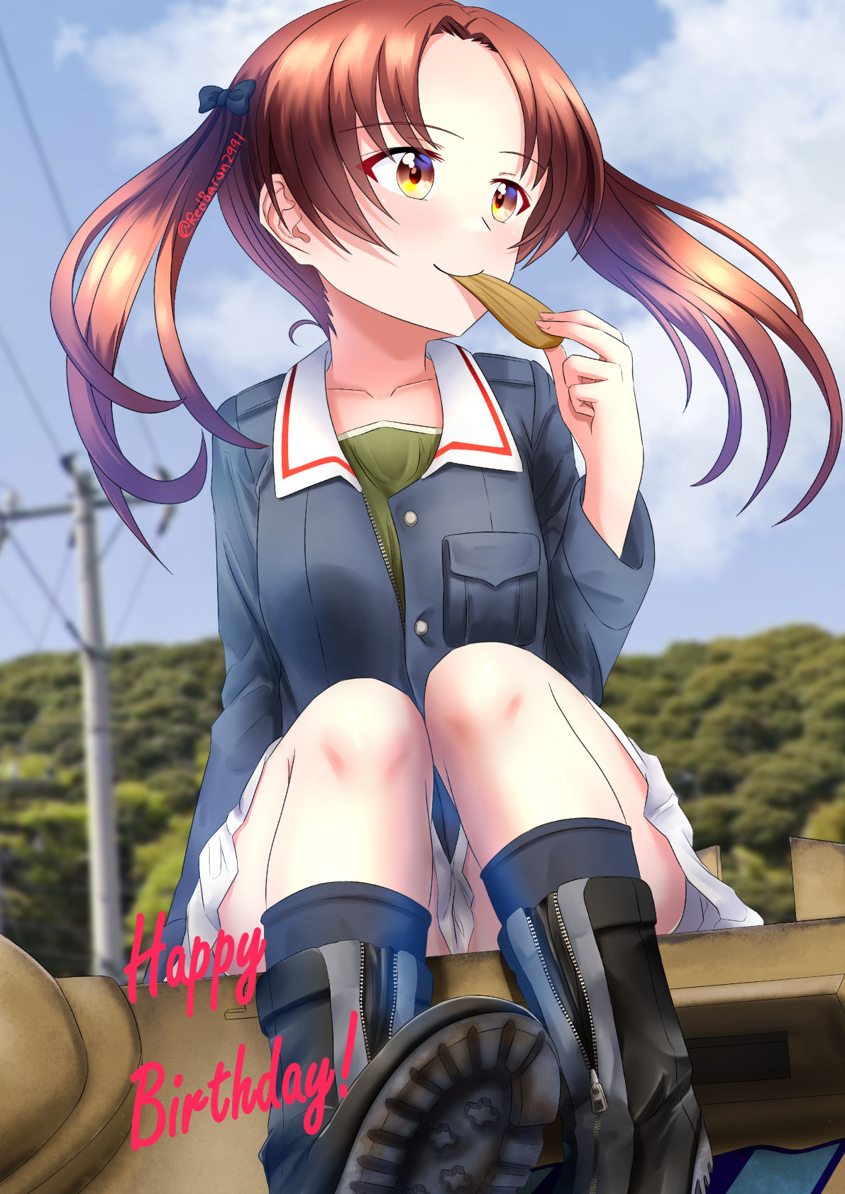 1girl black_bow black_footwear black_socks blue_jacket blue_sky boots bow brown_eyes brown_hair chips_(food) closed_mouth clouds cloudy_sky commentary day eating english_commentary food girls_und_panzer green_shirt hair_bow happy_birthday highres jacket kadotani_anzu kneehighs long_hair long_sleeves looking_to_the_side military_uniform military_vehicle miniskirt motor_vehicle on_vehicle ooarai_military_uniform outdoors parted_bangs partially_unbuttoned pleated_skirt potato_chips redbaron shirt sitting skirt sky smile socks solo tank twintails twitter_username uniform unzipped white_skirt wind zipper