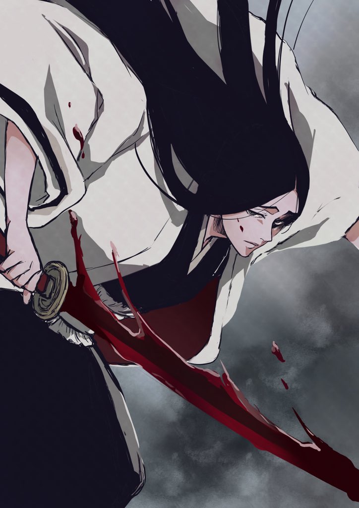 1girl anno_im black_hair bleach blood blood_on_weapon commentary_request cowboy_shot grey_background haori holding holding_sword holding_weapon japanese_clothes kimono long_hair looking_at_viewer solo sword unohana_retsu weapon