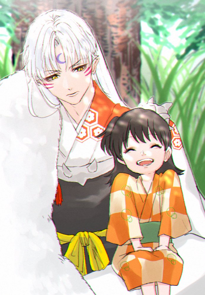 1boy 1girl age_difference ah_yoshimizu armor black_hair breastplate checkered_clothes closed_eyes commentary crescent crescent_facial_mark day expressionless facial_mark floral_print_kimono foliage forehead_mark grass green_sash hands_on_lap happy inuyasha japanese_clothes kimono long_hair looking_at_another looking_down orange_kimono outdoors pants parted_lips pointy_ears red_tassel rin_(inuyasha) sash sesshoumaru shoulder_armor shoulder_spikes side_ponytail sitting smile spikes tree white_fur white_hair white_kimono white_pants yellow_eyes yellow_sash