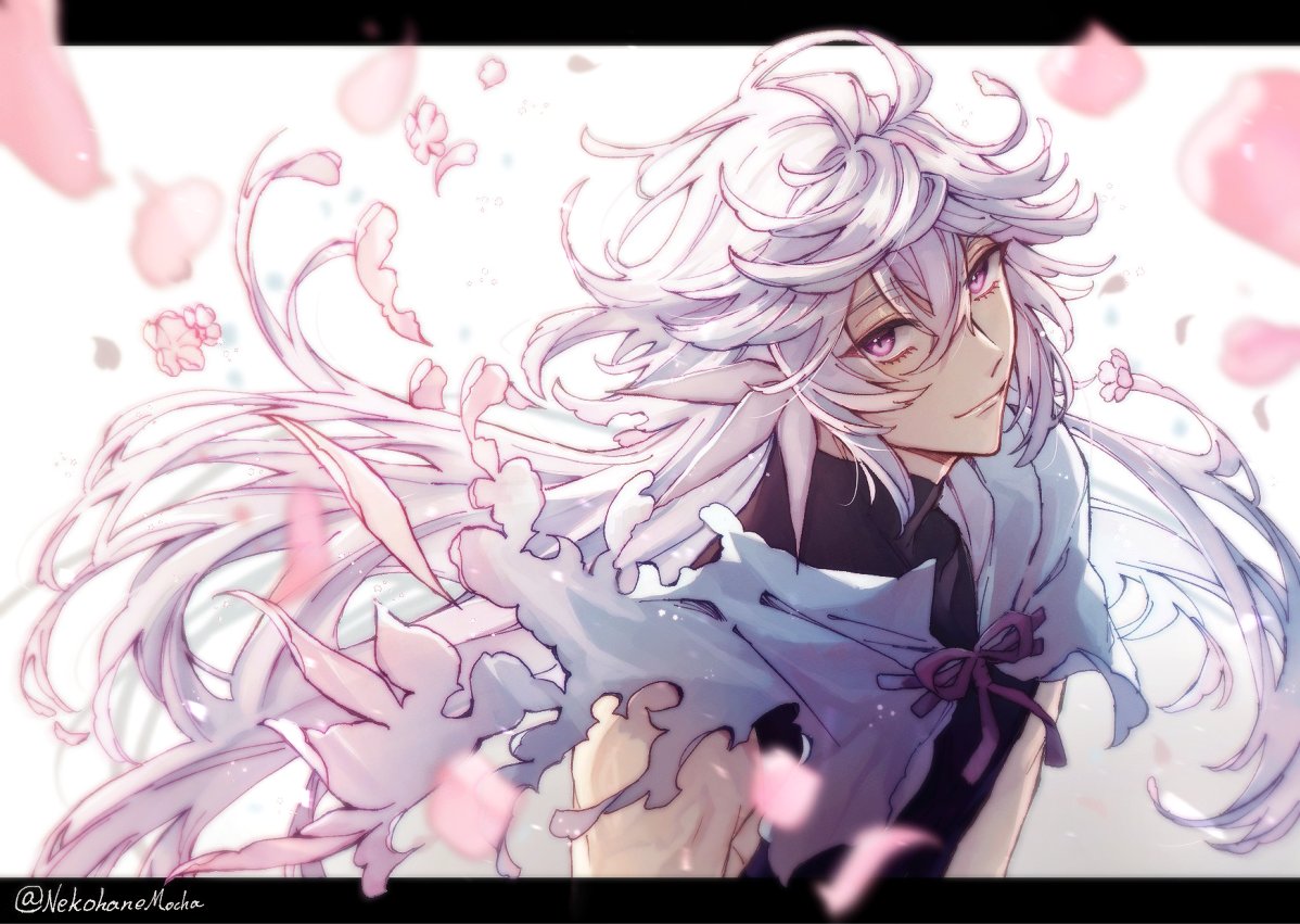 1boy arms_at_sides artist_name black_border black_shirt blurry blurry_foreground border closed_mouth dissolving dissolving_clothes earrings fate/grand_order fate_(series) floating_hair floral_dissolve flower flower_earrings hair_between_eyes jewelry letterboxed long_hair looking_at_viewer male_focus merlin_(fate) nekohanemocha outside_border petals pink_flower robe shirt simple_background skin_tight smile solo turtleneck twitter_username upper_body very_long_hair violet_eyes white_background white_hair white_robe