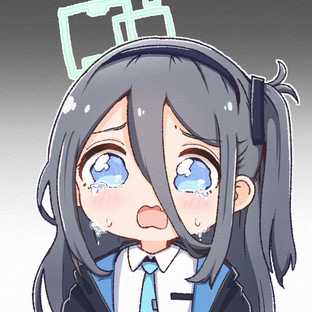 1girl absurdly_long_hair aris_(blue_archive) black_hair blue_archive blue_eyes collared_shirt commentary_request crying crying_with_eyes_open gradient_background hair_between_eyes hairband halo long_hair looking_at_viewer morita_(mofuball319) necktie school_uniform shirt side_ponytail sidelocks simple_background solo tears very_long_hair wavy_mouth