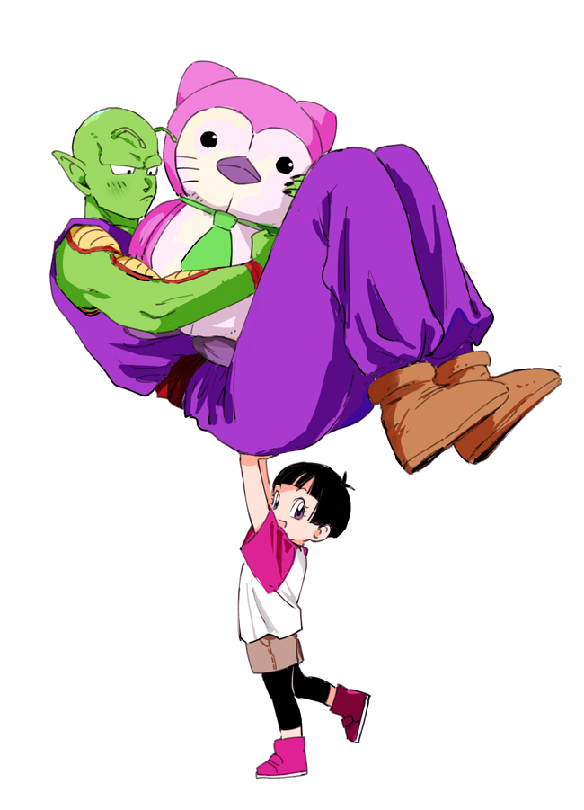 1boy 1girl :d antennae arms_up black_hair blunt_bangs boots brown_footwear brown_shorts carrying child closed_mouth colored_skin commentary_request dougi dragon_ball dragon_ball_super dragon_ball_super_super_hero eyelashes frown green_skin holding holding_stuffed_toy leg_up looking_at_viewer looking_to_the_side namekian no_eyebrows open_mouth pan_(dragon_ball) pants piccolo pny_panya pointy_ears purple_footwear purple_pants red_sash sash shirt short_hair short_sleeves shorts simple_background smile standing standing_on_one_leg stuffed_animal stuffed_toy t-shirt v-shaped_eyebrows violet_eyes white_background
