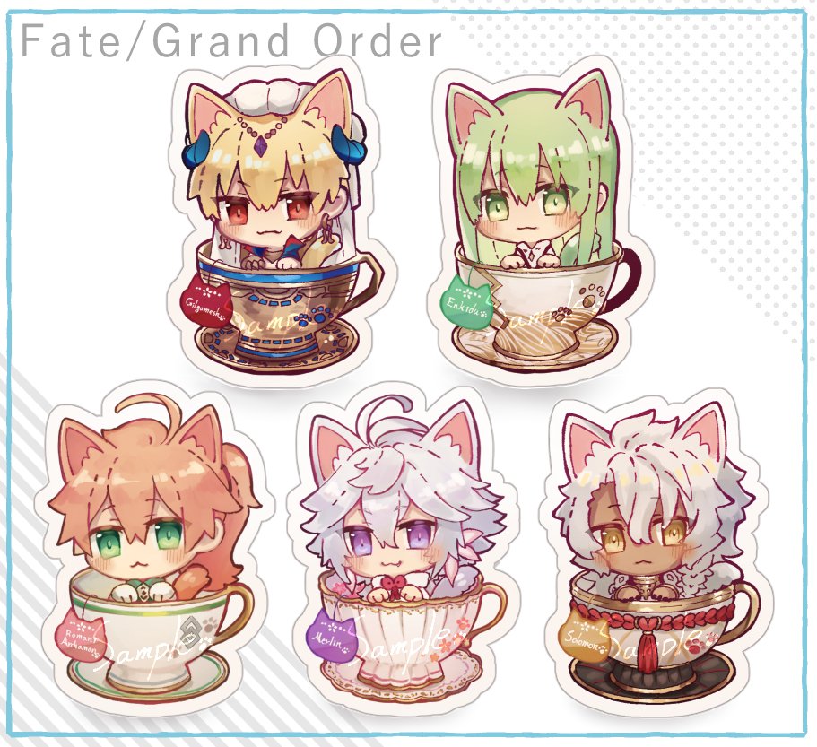 1other 4boys :3 ahoge animal_ear_fluff animal_ears blonde_hair blue_border blush border braid cat_boy cat_ears cat_other cat_tail chaldea_logo character_name chibi closed_mouth colored_eyelashes copyright_name cup dark-skinned_male dark_skin earrings enkidu_(fate) extra_ears fang fang_out fate/grand_order fate_(series) flower_earrings gilgamesh_(caster)_(fate) gilgamesh_(fate) gloves green_eyes green_hair grey_background hair_between_eyes horns in_container in_cup jewelry long_hair looking_at_viewer merlin_(fate) mini_person multiple_boys neck_ribbon nekohanemocha outline paw_print ponytail red_eyes red_ribbon ribbon robe romani_archaman sample_watermark saucer short_hair side_braid simple_background single_braid solomon_(fate) tail tassel teacup turban violet_eyes watermark white_gloves white_hair white_headwear white_outline white_robe yellow_eyes