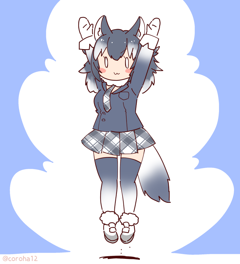 1girl animal_ears arms_up blazer blue_background coroha extra_ears full_body gloves grey_hair grey_wolf_(kemono_friends) jacket jumping kemono_friends long_hair looking_at_viewer necktie shoes simple_background skirt solo tail thigh-highs wolf_ears wolf_girl wolf_tail