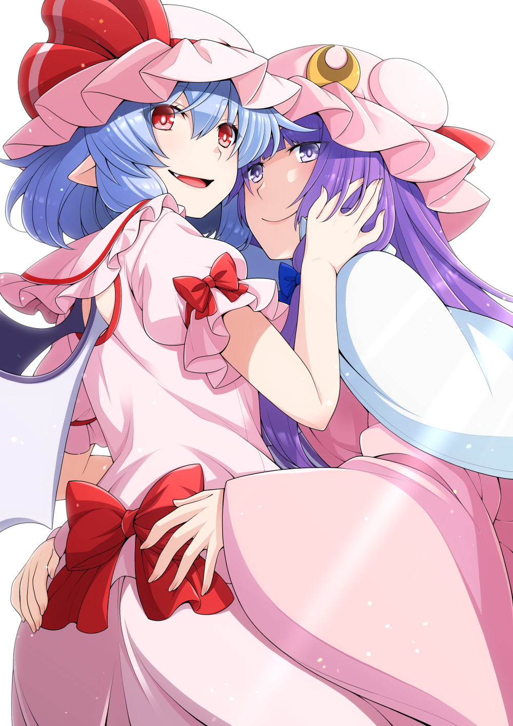 2girls blue_hair bow closed_mouth commentary_request dress dress_bow eichi_yuu fang hand_on_another's_cheek hand_on_another's_face hat hat_ribbon highres long_hair looking_at_viewer mob_cap multiple_girls open_mouth patchouli_knowledge pink_dress pointy_ears purple_hair red_bow red_eyes red_ribbon remilia_scarlet ribbon short_hair short_sleeves simple_background smile touhou violet_eyes white_background wide_sleeves