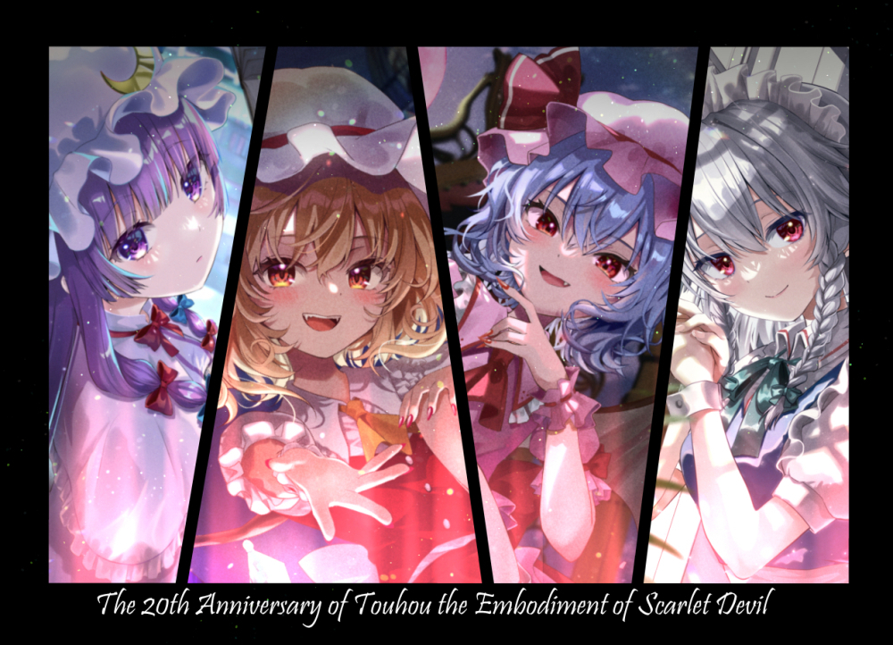 anniversary ascot black_border blonde_hair blue_bow blue_hair blue_vest blunt_bangs border bow braid breasts closed_mouth collared_shirt crescent crescent_hat_ornament dress embodiment_of_scarlet_devil english_text fang flandre_scarlet frilled_shirt_collar frills fujiwara_aoi green_bow green_ribbon grey_hair hair_between_eyes hair_bow hat hat_ornament hat_ribbon izayoi_sakuya light_smile long_hair looking_at_viewer maid maid_headdress medium_breasts medium_hair mob_cap multiple_girls nail_polish neck_ribbon open_mouth outstretched_arm outstretched_hand patchouli_knowledge pink_dress pink_headwear pink_shirt puffy_short_sleeves puffy_sleeves purple_hair red_ascot red_bow red_eyes red_nails red_ribbon red_vest remilia_scarlet ribbon ribbon-trimmed_headwear ribbon_trim shirt short_sleeves small_breasts teeth touhou twin_braids upper_body upper_teeth_only vest violet_eyes white_headwear white_shirt wrist_cuffs yellow_ascot