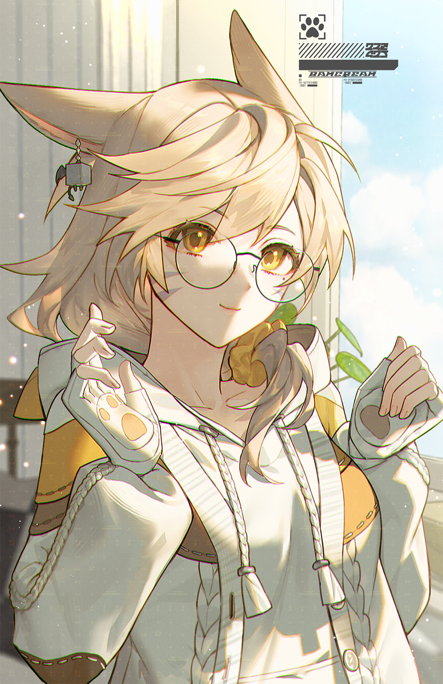 1girl animal_ears bamcream blonde_hair breasts cat_ears closed_mouth commission curtains earrings fat_cat_(ff14) final_fantasy final_fantasy_xiv glasses gloves hair_between_eyes highres hood hoodie indoors jewelry long_hair looking_to_the_side medium_breasts miqo'te partially_fingerless_gloves patchwork_clothes paw_print_palms plant potted_plant round_eyewear shirt signature single_earring smile solo sunlight upper_body warrior_of_light_(ff14) white_hoodie white_shirt yellow_eyes