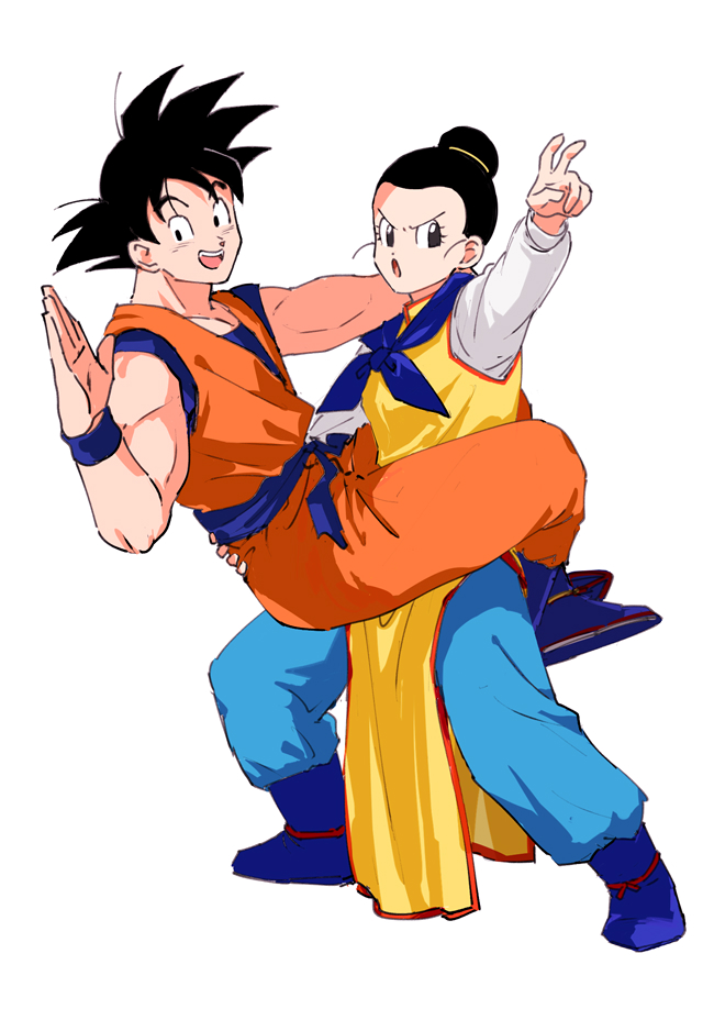 1boy 1girl :d :o arm_up biceps black_eyes black_hair blue_footwear blue_neckerchief blue_pants blue_sash blue_shirt blue_wristband blush boots carrying chi-chi_(dragon_ball) commentary_request dougi dragon_ball dragon_ball_z eyelashes hair_bun hand_up husband_and_wife long_sleeves looking_at_viewer neckerchief open_mouth orange_pants pants pny_panya sash shirt short_hair simple_background single_hair_bun smile son_goku spiky_hair standing teeth upper_teeth_only v-shaped_eyebrows white_background white_shirt wristband