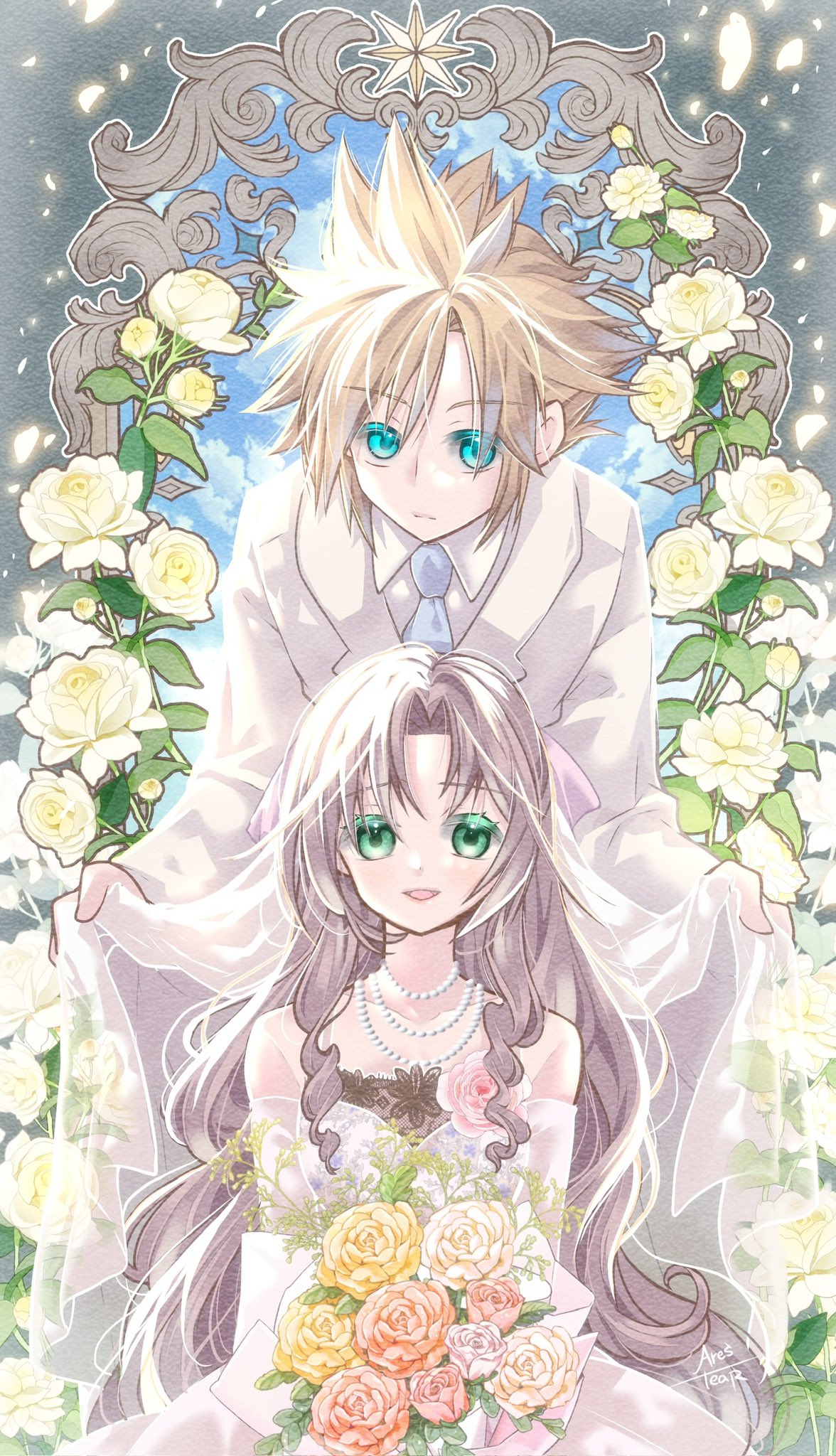 1boy 1girl aerith_gainsborough aqua_eyes arestear0701 artist_name bare_shoulders blonde_hair blue_necktie bouquet breasts bridal_veil bride brown_hair cloud_strife collared_shirt compass_rose couple detached_sleeves dress final_fantasy final_fantasy_vii final_fantasy_vii_remake flower green_eyes groom hair_between_eyes hair_ribbon hetero highres holding holding_bouquet husband_and_wife jacket jewelry long_hair long_sleeves looking_at_viewer medium_breasts necklace necktie parted_bangs parted_lips pearl_necklace pink_flower pink_ribbon pink_rose ribbon rose shirt short_hair sidelocks smile spiky_hair suit_jacket tuxedo upper_body veil wavy_hair wedding wedding_dress white_dress white_flower white_jacket white_rose white_shirt yellow_flower yellow_rose