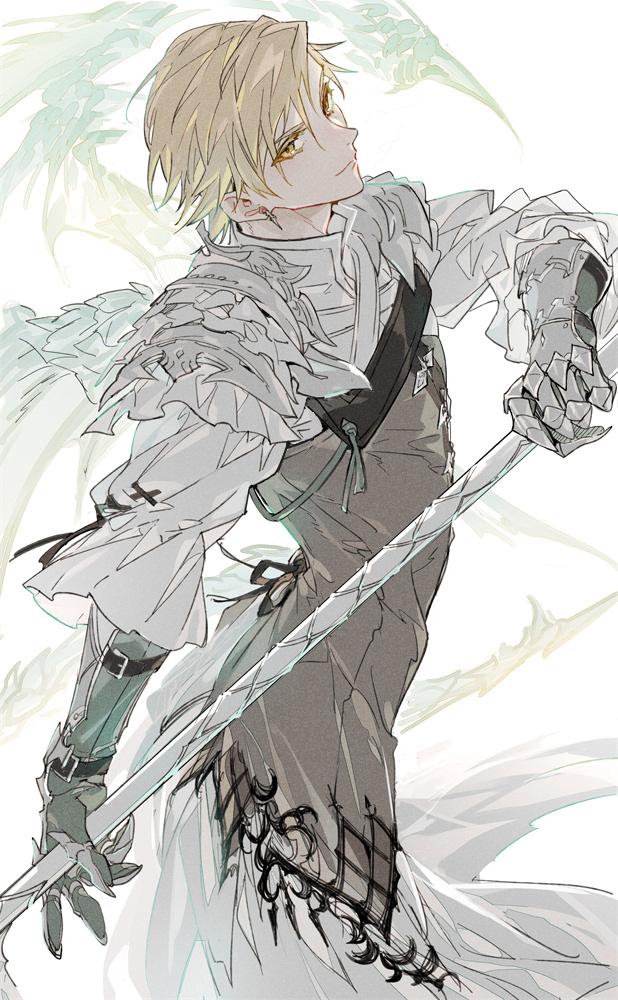 1boy armor blonde_hair closed_mouth cowboy_shot dion_lesage earrings final_fantasy final_fantasy_xvi frilled_sleeves frills grey_vest hair_between_eyes holding holding_polearm holding_weapon jewelry light_smile long_sleeves looking_at_viewer male_focus medium_hair metal_gloves pants polearm puffy_long_sleeves puffy_sleeves rihabi shirt shoulder_armor solo swept_bangs vest weapon white_pants white_shirt yellow_eyes