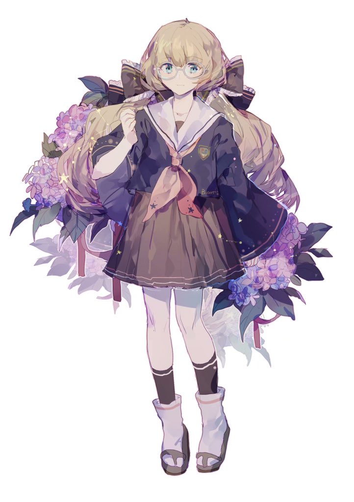 1girl ankle_socks black_bow black_footwear black_socks blonde_hair blue_eyes blue_shirt blue_sleeves bow brown_skirt clenched_hand closed_mouth collarbone collared_shirt commentary constellation_print crest flower flower_request frilled_bow frills glasses hair_bow hand_up lobelia_(saclia) long_hair long_sleeves miniskirt neckerchief original pleated_skirt purple_flower red_neckerchief red_ribbon ribbon round_eyewear sailor_collar sandals school_uniform serafuku shirt simple_background skirt smile socks solo star_(symbol) star_print twintails upper_body white-framed_eyewear white_background white_sailor_collar white_socks wide_sleeves