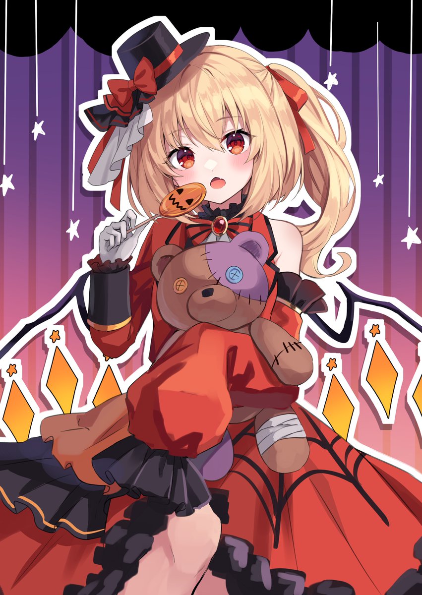 1girl alternate_costume bandages black_collar black_headwear blonde_hair blush bow bowtie button_eyes candy chest_jewel coattails collar collared_dress collared_shirt commentary cowboy_shot crystal_wings curtains detached_sleeves dress eyelashes fang flandre_scarlet food frilled_dress frilled_shirt_collar frilled_sleeves frills gem gloves gradient_background hair_ribbon halloween halloween_costume hat hat_bow highres holding holding_candy holding_food holding_lollipop holding_stuffed_toy kure~pu lollipop long_hair medium_dress mini_hat mini_top_hat open_mouth orange_background outline purple_background red_bow red_bowtie red_dress red_eyes red_gemstone red_ribbon red_sleeves ribbon shirt side_ponytail simple_background single_bare_shoulder single_detached_sleeve skin_fang sleeves_past_fingers sleeves_past_wrists solo spider_web_print star_(symbol) stitches striped striped_background striped_bow striped_bowtie stuffed_animal stuffed_toy symbol-only_commentary teddy_bear top_hat touhou white_gloves white_outline white_shirt