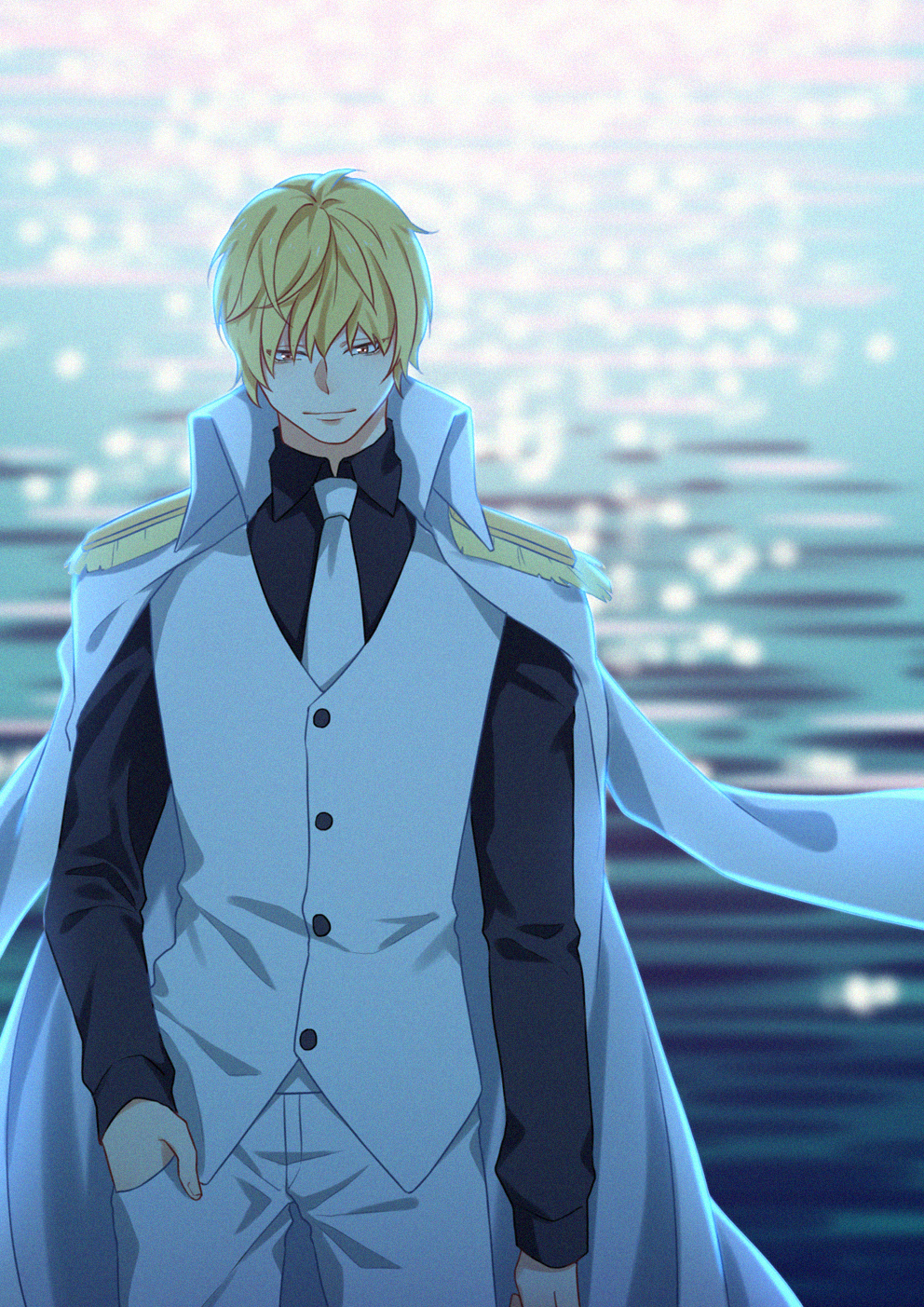 1boy black_shirt blonde_hair coat coat_on_shoulders collared_coat commentary_request donquixote_rocinante epaulettes hand_in_pocket highres koshikun light_smile looking_to_the_side male_focus necktie ocean one_piece pants shirt solo waistcoat white_coat white_necktie white_pants wuxi