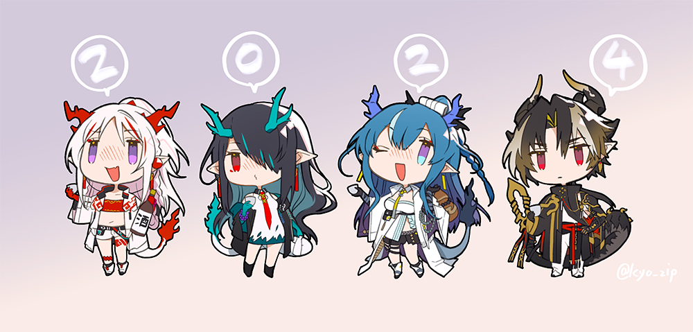 1boy 3girls ;d alcohol arknights arm_tattoo arm_wrap bandeau bead_bracelet beads black_jacket black_skin blue_eyes blue_hair blush boots bottle bracelet brother_and_sister brown_hair chibi china_dress chinese_clothes chong_yue_(arknights) colored_skin cup dragon_boy dragon_girl dragon_horns dragon_tail dress dusk_(arknights) earrings fang flame-tipped_tail green_skin grey_background hair_over_one_eye holding holding_cup holding_gourd horns jacket jewelry kyo_zip leg_tattoo ling_(arknights) multiple_girls necktie nian_(arknights) off-shoulder_jacket off_shoulder one_eye_closed one_eye_covered open_clothes open_jacket open_mouth pointy_ears ponytail red_bandeau red_eyes red_necktie red_skin shirt shorts siblings simple_background sisters skin_fang smile tail tassel tassel_earrings tattoo violet_eyes white_dress white_footwear white_hair white_jacket white_shirt white_shorts yellow_necktie