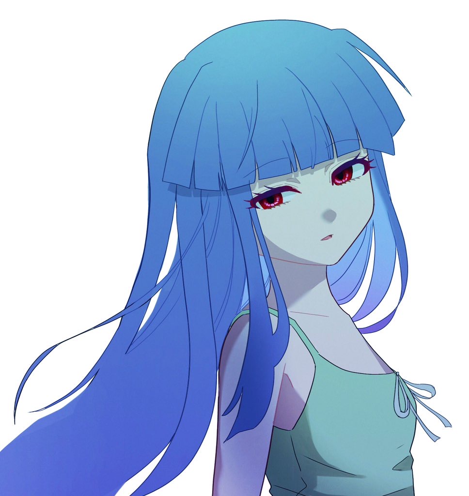 1girl blue_hair blunt_bangs commentary dress expressionless eyelashes flat_chest from_side furude_rika green_dress half-closed_eyes higurashi_no_naku_koro_ni long_hair looking_at_viewer parted_lips red_eyes sidelocks simple_background sleeveless sleeveless_dress solo upper_body white_background yuno_ff