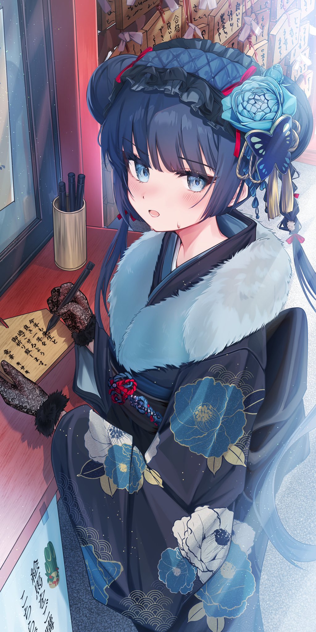 1girl baba_kirika black_fur black_gloves blue_archive blue_eyes blue_flower blue_hair blue_kimono blush braid butterfly_hair_ornament commentary_request double_bun ema eyelashes floral_print_kimono flower frilled_hairband frills fur-trimmed_gloves fur-trimmed_kimono fur_trim gloves hair_bun hair_flower hair_ornament hair_ribbon hairband highres holding holding_ema holding_marker japanese_clothes kimono kisaki_(blue_archive) lace lace_gloves long_hair looking_at_viewer low-tied_long_hair marker open_mouth quilted_headwear red_ribbon ribbon rope seigaiha sidelocks sweatdrop tape tassel tassel_hair_ornament translation_request twin_braids white_fur writing