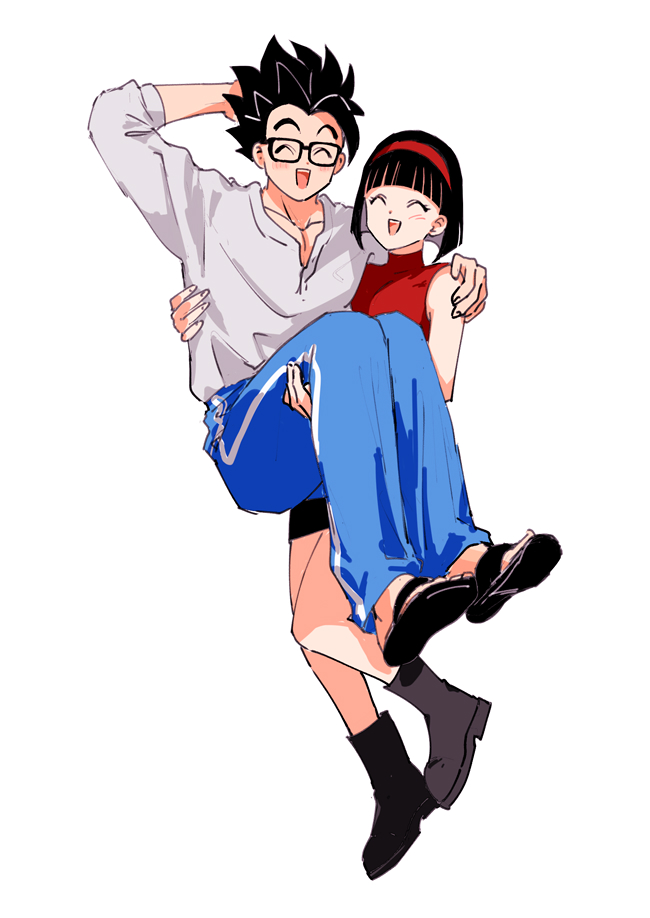 1boy 1girl :d ^_^ arm_up black-framed_eyewear black_footwear black_hair blue_pants blunt_bangs blunt_ends blush boots carrying closed_eyes collarbone commentary_request dragon_ball dragon_ball_super dragon_ball_super_super_hero dress glasses hairband happy husband_and_wife long_sleeves open_mouth pants pny_panya princess_carry rectangular_eyewear red_dress red_hairband sandals shirt short_hair simple_background sleeveless sleeveless_dress smile son_gohan spiky_hair turtleneck turtleneck_dress videl white_background white_shirt