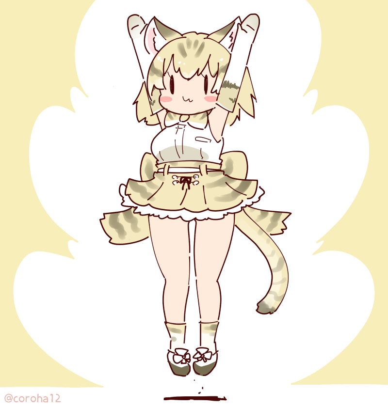 1girl animal_ears arms_up belt bow bowtie cat_ears cat_girl cat_tail coroha elbow_gloves extra_ears full_body gloves grey_background grey_hair jumping kemono_friends looking_at_viewer sand_cat_(kemono_friends) shirt shoes short_hair simple_background skirt sleeveless sleeveless_shirt socks solo tail