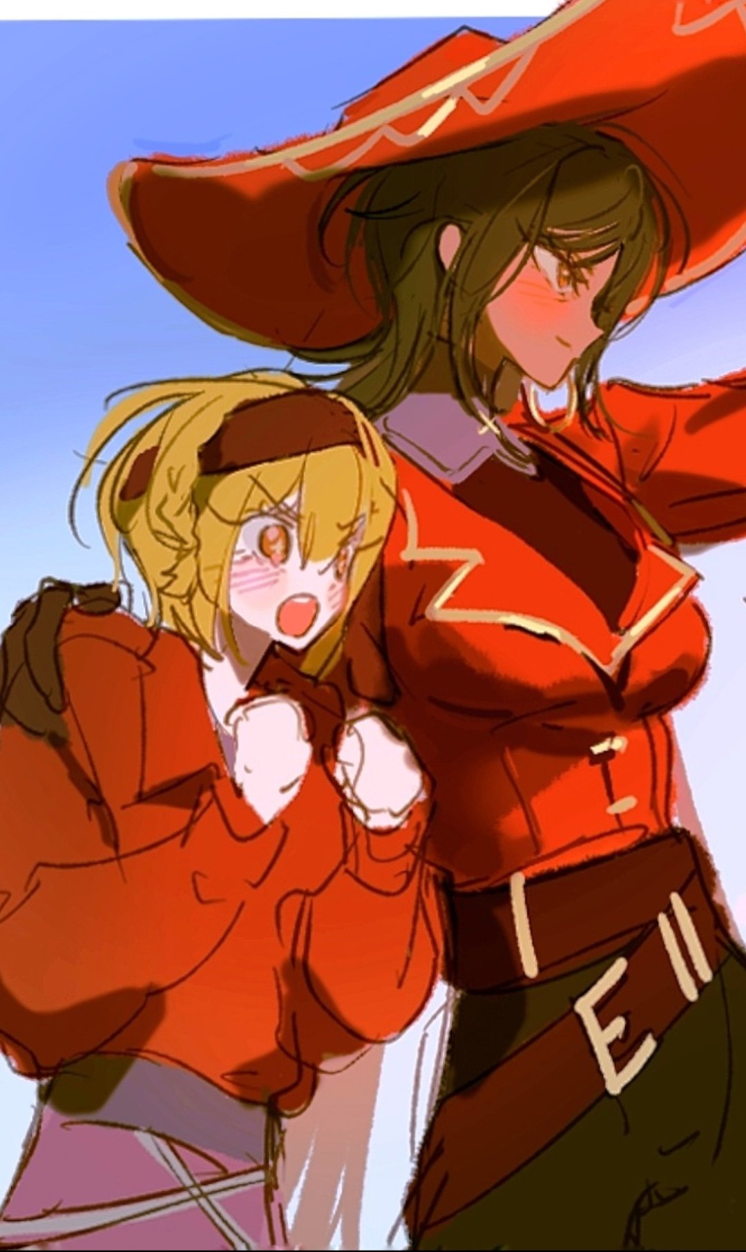 2girls belt blonde_hair blush braid breasts brown_belt brown_eyes brown_hair clenched_hands closed_mouth cowboy_shot don_quixote_(project_moon) gold_trim hairband hands_up hat highres huyj_cl jacket limbus_company long_sleeves medium_breasts medium_hair multiple_girls outis_(project_moon) pirate project_moon puffy_long_sleeves puffy_sleeves red_hairband red_headwear red_jacket short_hair sketch smile wing_collar yellow_eyes