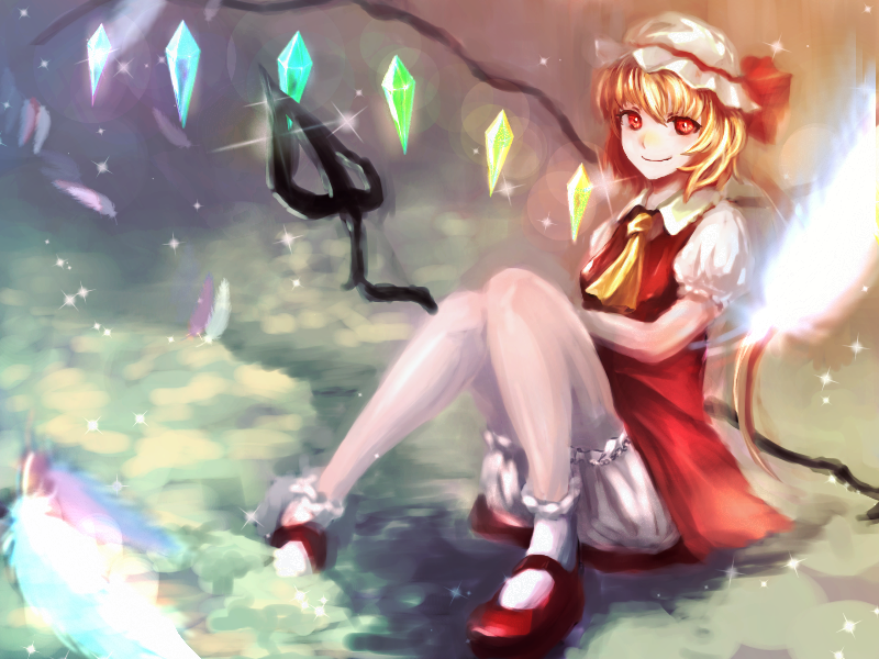 1girl ascot blonde_hair bloomers breasts collared_shirt flandre_scarlet full_body glowing glowing_wings hat hat_ribbon knees_together_feet_apart mary_janes medium_hair mob_cap multicolored_wings pigeon-toed puffy_short_sleeves puffy_sleeves red_eyes red_footwear red_ribbon red_skirt red_vest ribbon ryuu_no_nukegara shirt shoes short_sleeves simple_background skirt small_breasts socks solo touhou vest white_bloomers white_headwear white_shirt white_socks wings yellow_ascot