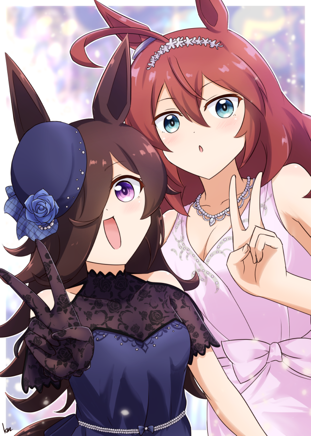 2girls :d :o ahoge animal_ears artist_name black_gloves blue_eyes blue_flower blue_headwear blue_rose brown_hair clothing_cutout commentary dress ear_ornament flower formal gloves grey_hairband hair_over_one_eye hairband hat hat_flower horse_ears horse_girl horse_tail jewelry kimukimu leaning_to_the_side long_hair looking_at_viewer mihono_bourbon_(umamusume) multiple_girls necklace open_mouth pink_dress rice_shower_(umamusume) rose short_sleeves shoulder_cutout signature sleeveless sleeveless_dress smile tail textless_version umamusume v violet_eyes