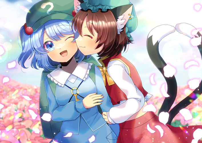 2girls ;d animal_ears backpack bag blue_eyes blue_hair blue_shirt blue_skirt blue_sky blurry blurry_background bow cabbie_hat cat_ears cat_girl cat_tail chen closed_mouth clouds cloudy_sky collared_shirt commentary_request day depth_of_field field flower flower_field frilled_headwear frilled_shirt_collar frills green_headwear hair_bobbles hair_ornament hat kawashiro_nitori key kou_hiyoyo long_sleeves mob_cap multiple_girls multiple_tails one_eye_closed outdoors petals pink_flower puffy_long_sleeves puffy_sleeves red_skirt red_vest shirt skirt sky smile tail touhou two_side_up two_tails vest white_shirt yellow_bow yuri