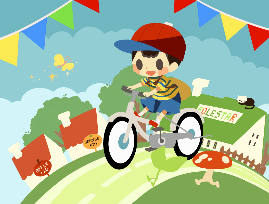1boy baseball_cap bicycle blue_shorts blue_sky bug butterfly cat chibi english_text happy hat hitofutarai house male_focus mobile_sprout mother_(game) mother_2 mushroom ness_(mother_2) outdoors ramblin'_evil_mushroom red_footwear red_headwear riding riding_bicycle shorts sky solo sparkle string_of_flags summer tree yellow_butterfly