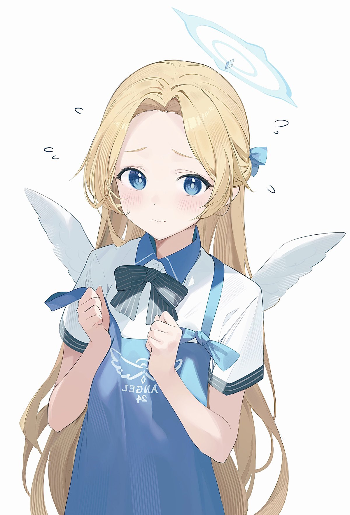 1girl angel's_24_uniform_(blue_archive) apron black_bow black_bowtie blonde_hair blue_apron blue_archive blue_eyes blue_halo blush bow bowtie clenched_hands closed_mouth commentary_request embarrassed flying_sweatdrops furrowed_brow halo highres long_hair looking_at_viewer polo_shirt shirt short_sleeves simple_background solo sora_(blue_archive) soybean_(hisoybean) strap_slip striped striped_bow striped_bowtie sweatdrop tareme upper_body white_background white_shirt white_wings wings