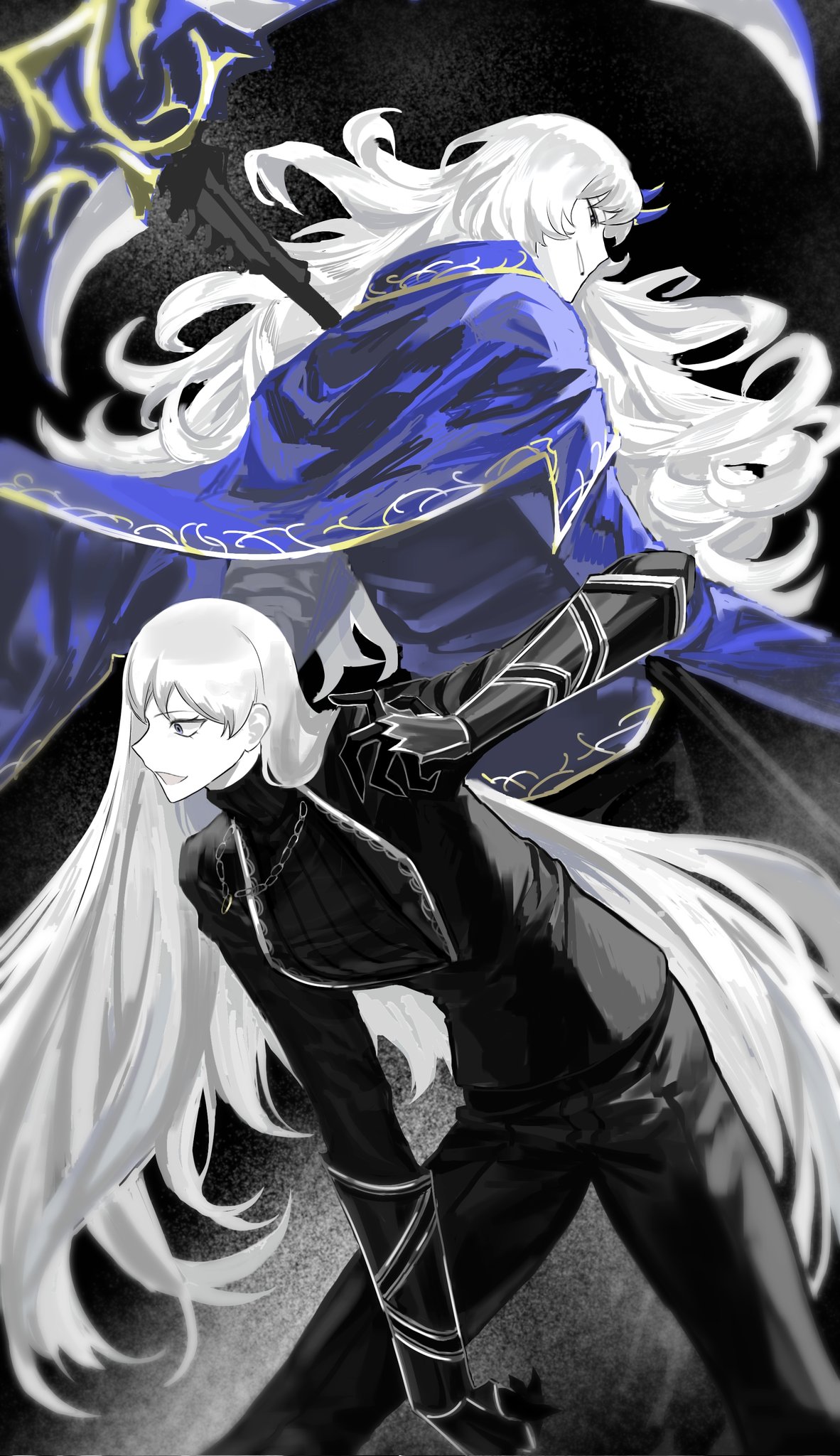1boy 1girl angelica_(project_moon) argalia_(project_moon) arm_up black_jacket black_pants black_sweater blue_cape brother_and_sister cape gauntlets gold_trim hand_up highres holding holding_scythe jacket jewelry library_of_ruina long_hair long_sleeves necklace orururuu pants project_moon ribbed_sweater ring ring_necklace scythe siblings standing sweater very_long_hair white_hair