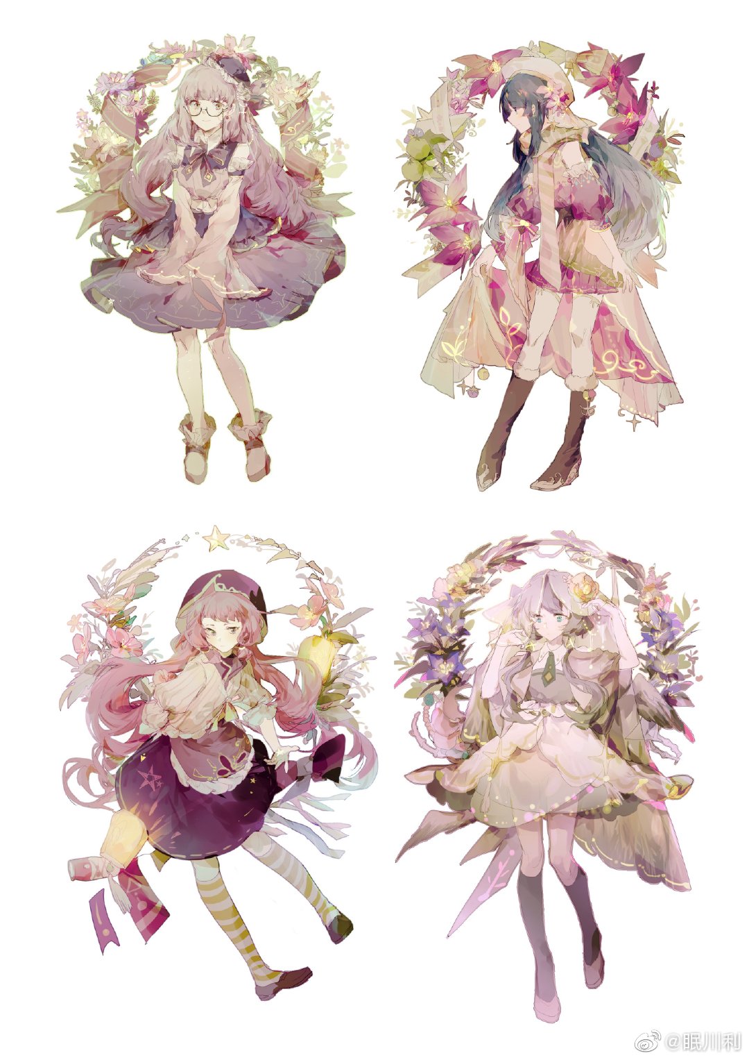 4girls apron banner bare_legs bare_shoulders beckoning beret black-framed_eyewear black_coat black_hair black_socks blue_eyes boots bow bowtie brown_footwear brown_hair cape cape_hold cardigan chinese_commentary circle_skirt closed_mouth coat collared_shirt commentary_request crescent daisy detached_sleeves earrings expressionless floral_print flower flower_request frilled_apron frilled_boots frilled_cardigan frilled_hat frilled_skirt frilled_vest frills from_side full_body fur-trimmed_boots fur_trim glasses gradient_hair gradient_sleeves green_eyes green_necktie green_scarf green_socks grey_cape grey_eyes grey_skirt grey_vest hair_flower hair_ornament hand_on_headwear hat high_heel_boots high_heels highres jewelry lantern layered_skirt leaf_print lobelia_(saclia) long_hair long_sleeves looking_at_viewer low_twintails medium_skirt mini_hat miniskirt multicolored_hair multiple_girls necktie orange_flower original outstretched_hand over-kneehighs pansy pink_apron pink_bow pink_cape pink_flower pink_shirt pink_skirt pink_sleeves puffy_short_sleeves puffy_sleeves purple_bow purple_bowtie purple_flower purple_hair purple_headwear purple_skirt purple_sleeves purple_vest scarf shirt shoes short_hair short_sleeves simple_background skirt skirt_set sleeveless sleeveless_shirt sleeves_past_elbows sleeves_past_fingers sleeves_past_wrists smile socks star_(sky) star_(symbol) star_print striped striped_scarf striped_socks thigh-highs twintails two-sided_cape two-sided_fabric two-tone_socks very_long_hair vest waist_apron watermark weibo_logo weibo_username white_background white_cape white_cardigan white_footwear white_headwear white_shirt white_socks white_thighhighs white_veil wide_sleeves wrist_bow zettai_ryouiki
