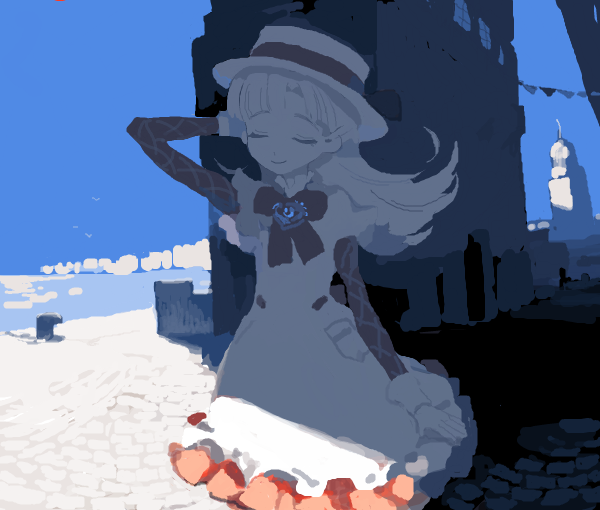1girl arm_at_side arm_behind_head arm_up ashita_no_nadja backlighting bad_drawr_id bad_id blonde_hair blue_sky bow brooch building closed_eyes closed_mouth cowboy_shot day dress facing_viewer flipped_hair frilled_dress frills high_collar jewelry layered_sleeves long_hair long_sleeves mousariababa nadja_applefield ocean oekaki outdoors parted_bangs pavement pocket red_bow red_dress sett shade shore short_over_long_sleeves short_sleeves sky sleeve_cuffs smile solo standing string_of_flags sunlight u_u water white_dress white_headwear