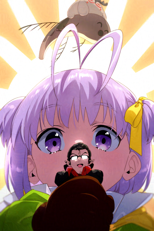 1boy 1girl antenna_hair beryl_gut black_hair breasts brown_gloves cernunnos_(fate) dress echo_(circa) fate/grand_order fate_(series) giant giantess glasses gloves green_dress hair_ribbon long_sleeves murian_(fate) pointy_ears purple_hair ribbon short_hair small_breasts two_side_up violet_eyes yellow_ribbon