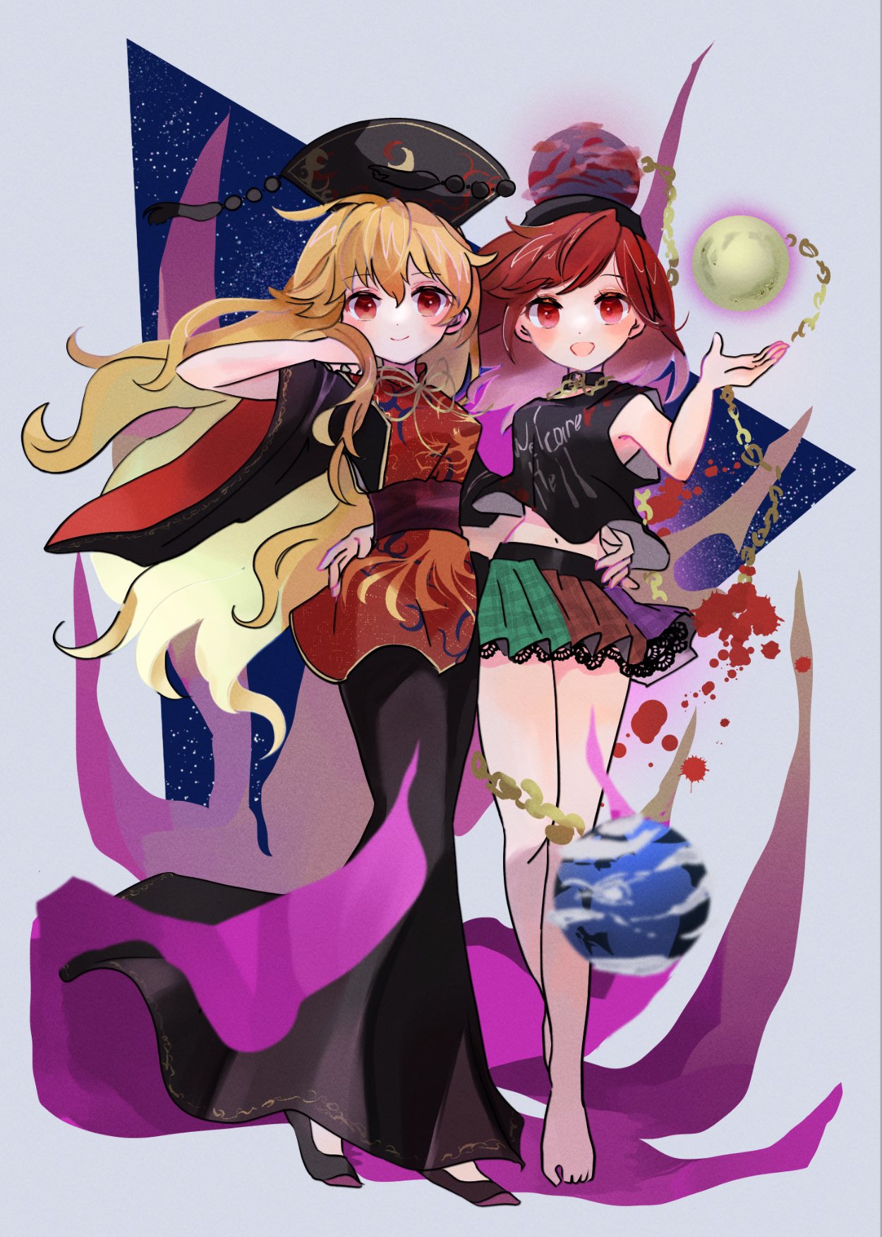 2girls abstract_background barefoot black_dress black_shirt blush chain chinese_clothes closed_mouth clothes_writing collar crescent crop_top dress earth_(ornament) emimi_(emimi_28) facing_viewer floating_hair full_body gold_chain hand_in_own_hair hand_on_another's_waist hat hecatia_lapislazuli highres junko_(touhou) legacy_of_lunatic_kingdom long_hair long_sleeves looking_at_viewer moon_(ornament) multicolored_clothes multicolored_skirt multiple_girls open_mouth phoenix_crown plaid plaid_skirt red_eyes redhead shirt skirt smile standing tabard tail touhou underworld_(ornament) wide_sleeves