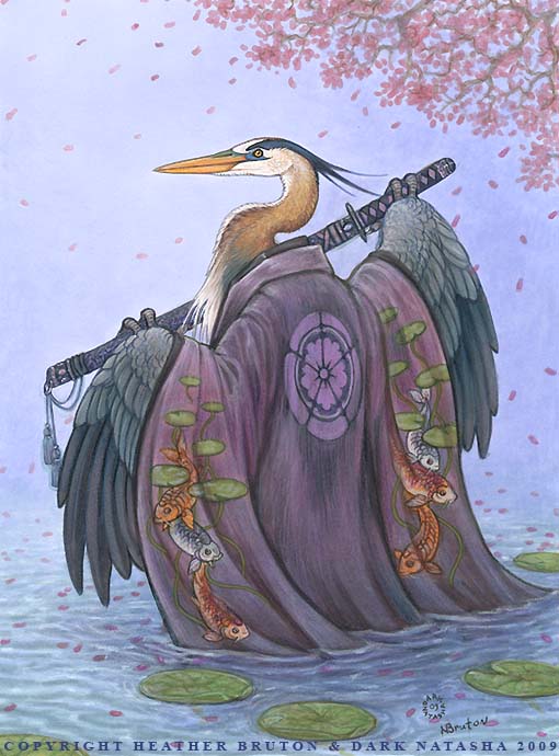 1boy acrylic_paint_(medium) animal animal_focus artist_name bird cherry_blossoms cherry_tree closed_mouth clothed_animal collaboration colored_pencil_(medium) commentary dark_natasha english_commentary falling_petals fish from_behind from_side great_blue_heron heron holding holding_sword holding_weapon in_water japanese_clothes kimono kimono_on_shoulders koi lily_pad looking_at_viewer marker_(medium) no_humans original outdoors painting_(medium) petals purple_kimono samurai solo sword traditional_media weapon winged_arms wings yellow_eyes
