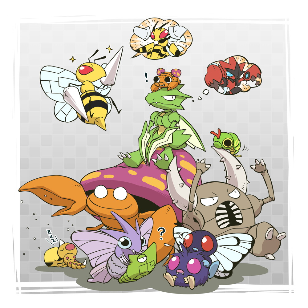 ! ? antennae bee beedrill bug butterfly butterfree caterpie claws commentary_request evolutionary_line fangs flying fuifui horns insect_wings kakuna mega_beedrill mega_scizor metapod mushroom no_eyes no_humans open_mouth paras parasect pinsir pokemon pokemon_(creature) scizor scyther single_horn sleeping sparkle thought_bubble venomoth venonat weedle wings zzz