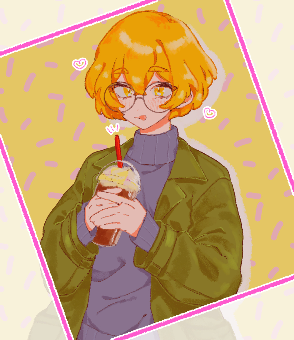 1boy blonde_hair blush coat cup disposable_cup drink drinking_straw glasses green_coat heart limbus_company project_moon short_hair sinclair_(project_moon) solo sweater tongue tongue_out uchimura_(rino0525) upper_body yellow_eyes