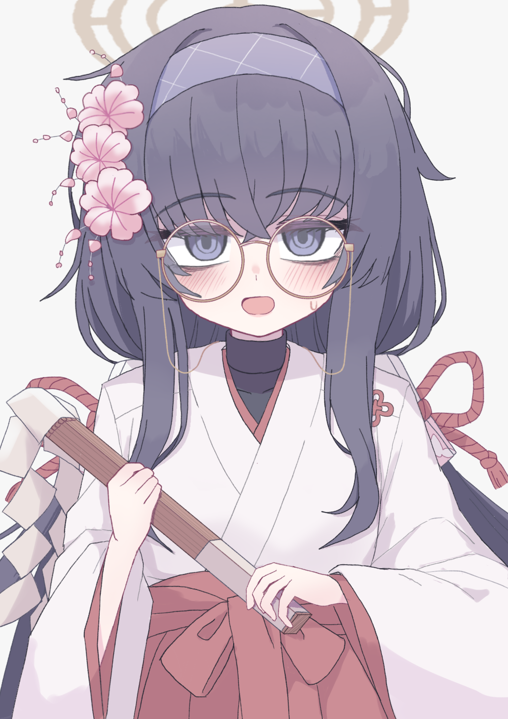 1girl alternate_costume bags_under_eyes black_eyes black_hair blue_archive blue_hairband blush commentary english_commentary flower glasses hair_flower hair_ornament hairband halo highres japanese_clothes long_hair long_sleeves looking_at_viewer miko open_mouth round_eyewear simple_background tkugane ui_(blue_archive) upper_body white_background yellow_halo