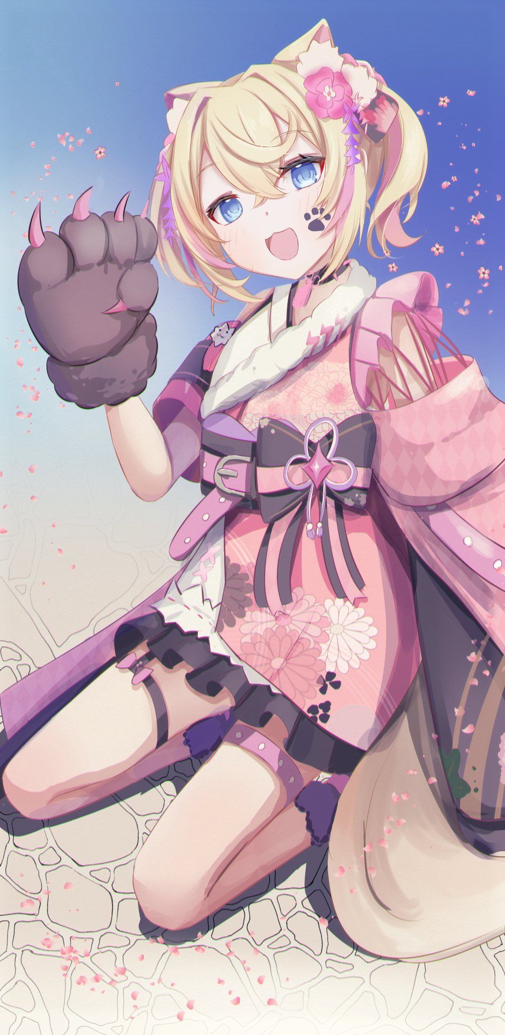 1girl animal_ear_fluff animal_ears animal_hands belt black_sash blonde_hair dog_ears dog_girl dog_paws dog_tail ear_flower floral_print_kimono flower hair_flower hair_ornament highres hololive hololive_english inaba_meto japanese_clothes kimono looking_at_viewer mococo_abyssgard mococo_abyssgard_(new_year) multicolored_hair obi official_alternate_costume open_mouth pink_belt pink_hair pink_kimono sash short_hair sleeveless sleeveless_kimono smile solo streaked_hair tail thigh_strap twintails virtual_youtuber