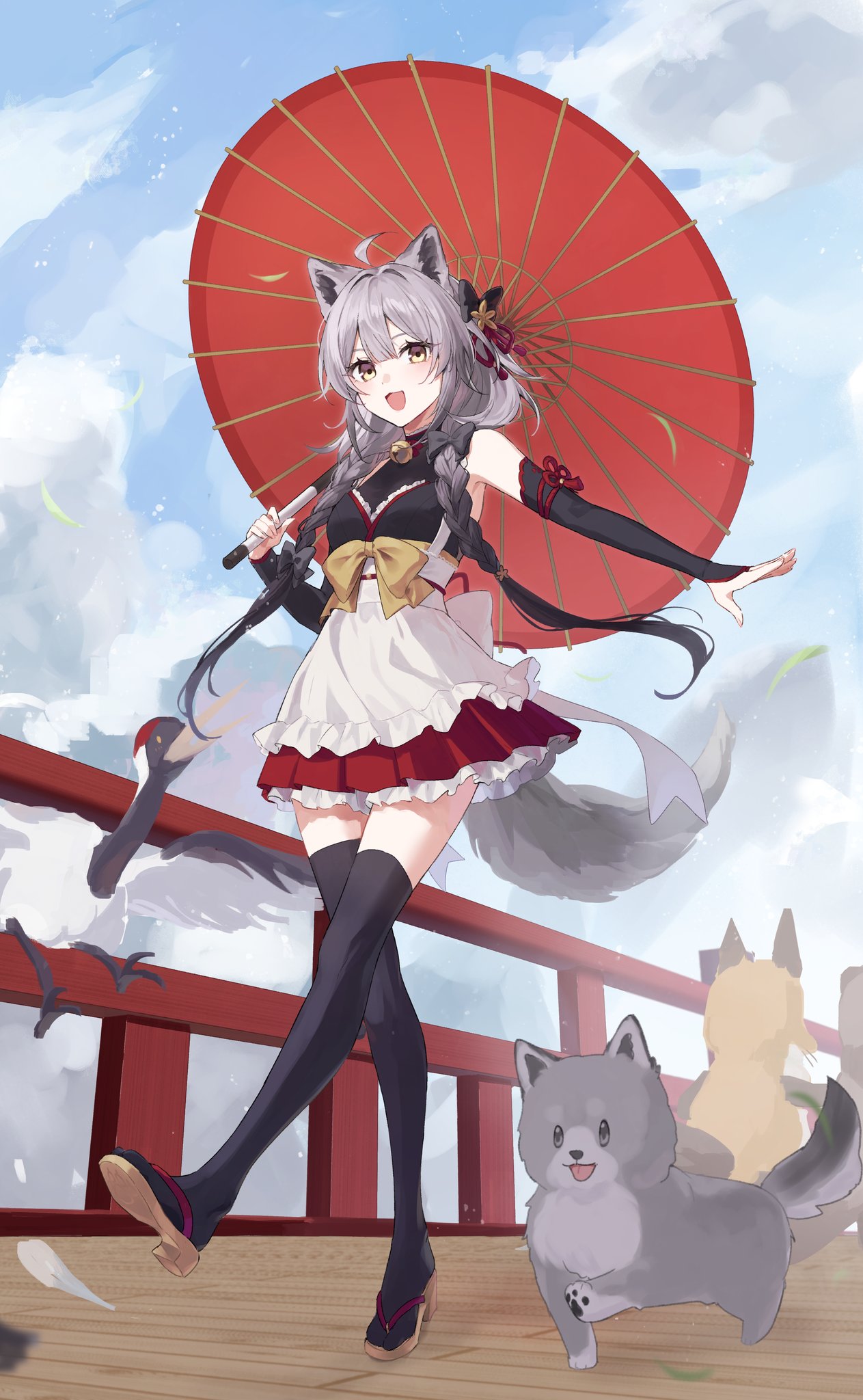 1girl animal_ears bare_shoulders bell bird black_thighhighs blue_sky bow braid bridge check_copyright clouds copyright_request detached_sleeves dog grey_hair hair_bow hair_ornament highres holding holding_umbrella looking_at_viewer neck_bell oil-paper_umbrella open_mouth original sky slippers smile solo tail thigh-highs twin_braids umbrella walking yasaiseicat yellow_eyes