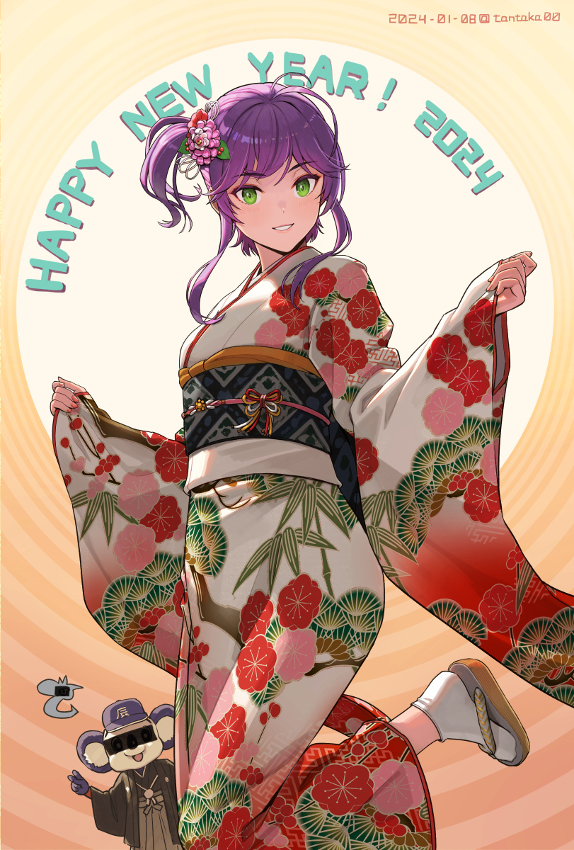 1girl 2024 breasts brown_background brown_footwear censored character_request commentary_request dated floral_print flower green_eyes hair_flower hair_ornament happy_new_year highres identity_censor japanese_clothes kimono long_hair long_sleeves looking_at_viewer nail_polish nengajou new_year obi original pinching_sleeves pink_flower print_kimono purple_hair red_nails sash sleeves_past_wrists small_breasts smile socks solo standing standing_on_one_leg tabi tantaka twitter_username two-tone_background white_background white_flower white_kimono white_socks wide_sleeves zouri