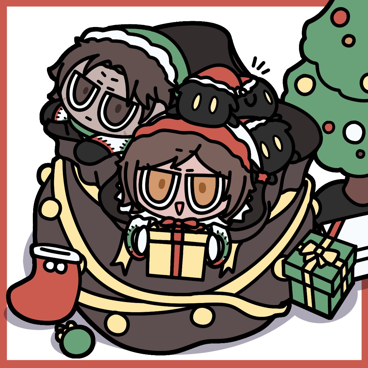 1boy 1girl black_gloves bow bowtie brown_eyes brown_hair chibi christmas christmas_tree e.g.o_(project_moon) gloves gnome_(project_moon) heathcliff_(project_moon) highres limbus_company nininininil open_mouth orange_eyes outis_(project_moon) project_moon red_bow red_bowtie sack smile
